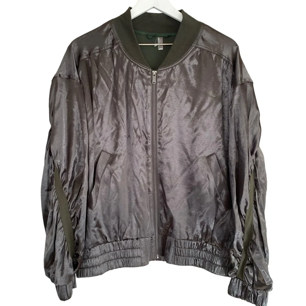 Free People NEW Movement Relay Zip-Up Olive Green Satin Bomber Jacket Size Large
